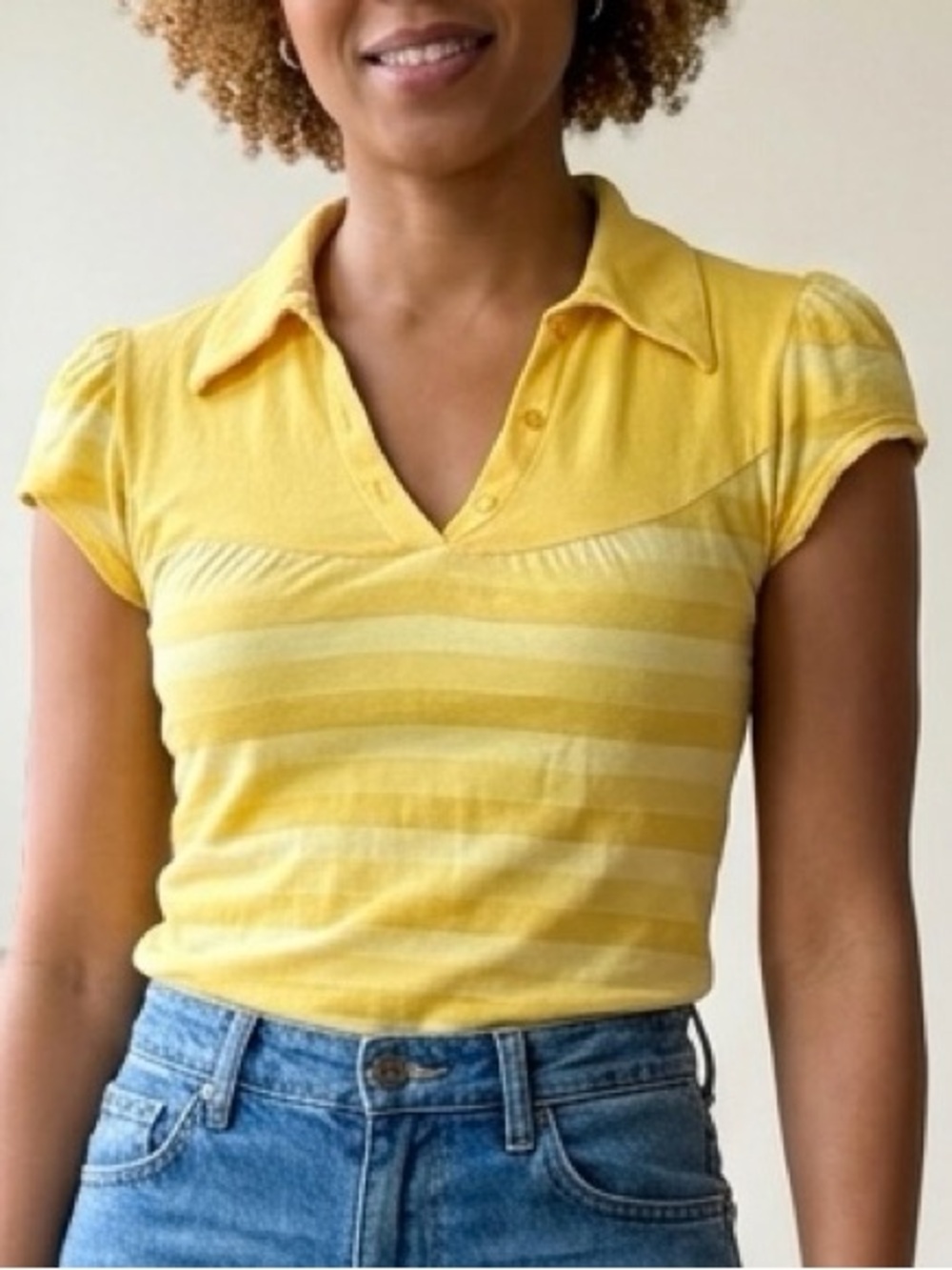 Vanity Y2K Yellow Striped Polo Top Short Puff Sleeve Retro Boho Sun-Kissed L EUC